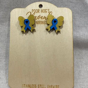 Yellow and Blue Ribbon Bow Stud Earrings by Poor Hog Customs, handmade jewelry detail photo 3