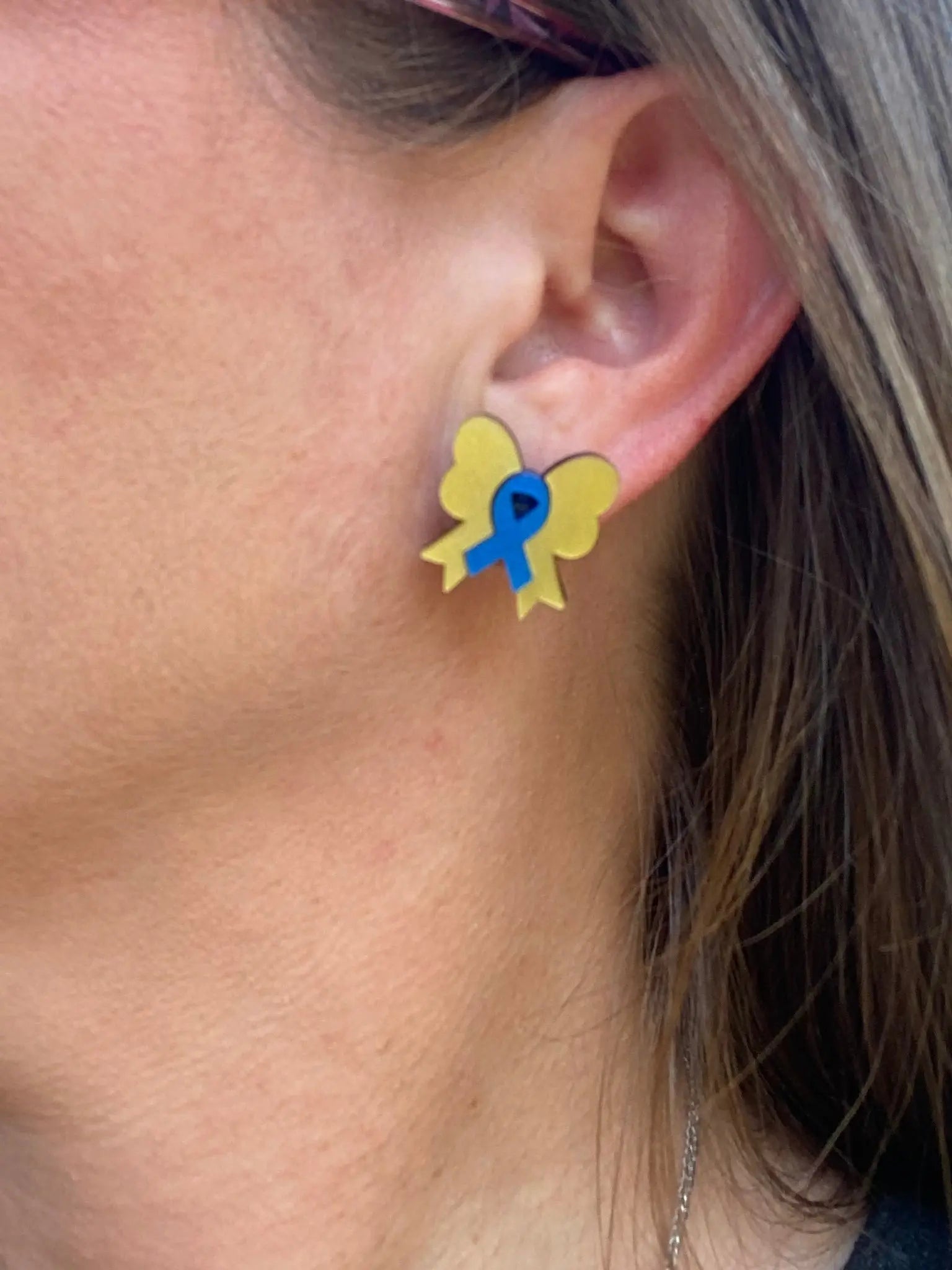 Yellow and Blue Ribbon Bow Stud Earrings by Poor Hog Customs, handmade jewelry detail photo 4