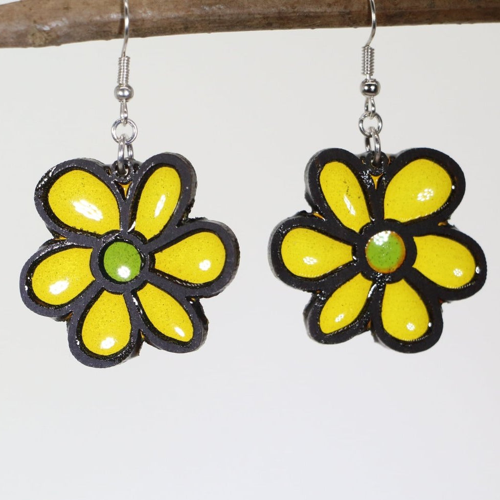 Yellow Daisy Wood Resin Earrings | Floral Retro Flower Jewelry by Cate's Concepts, LLC, handmade jewelry main product photo