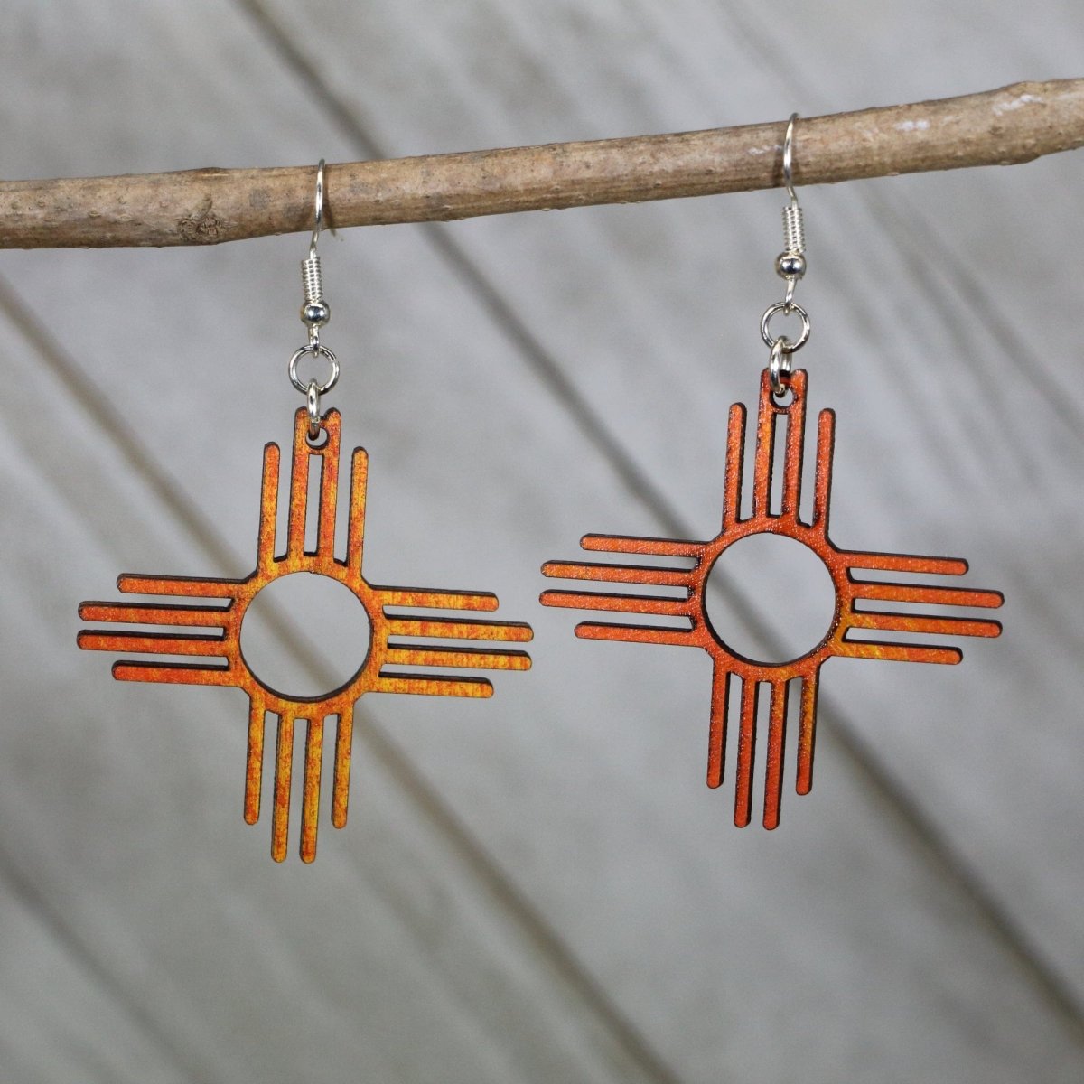 Zia Sun Symbol Wooden Dangle Earrings | New Mexico Jewelry detail view by Cate's Concepts, LLC