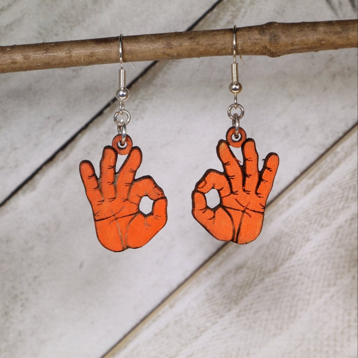 OK Hand Sign Wooden Earrings | Funny Gesture Jewelry by Cate's Concepts, LLC, handmade jewelry main product photo