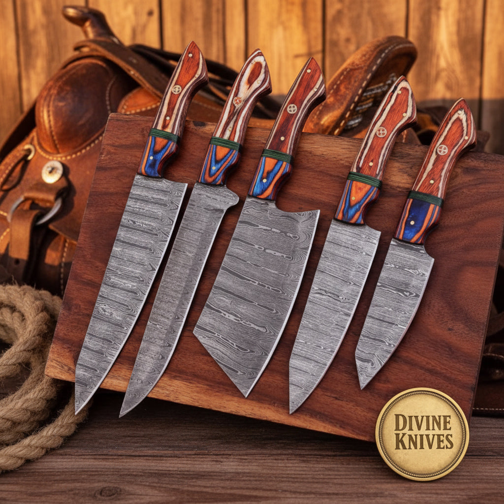 Crimson Vortex Chef Knife Set with 5 Forged Damascus Blades by Divine Knives