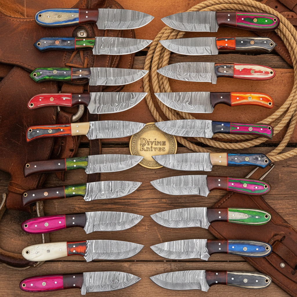 Damascus Hunting Skinner Knives Lot with Twenty Blades by Divine Knives