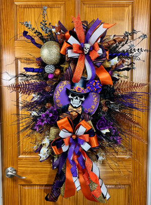 Mr. Skelly Halloween Wreath | Orange, Black & Purple by Bouge Creations, view 3