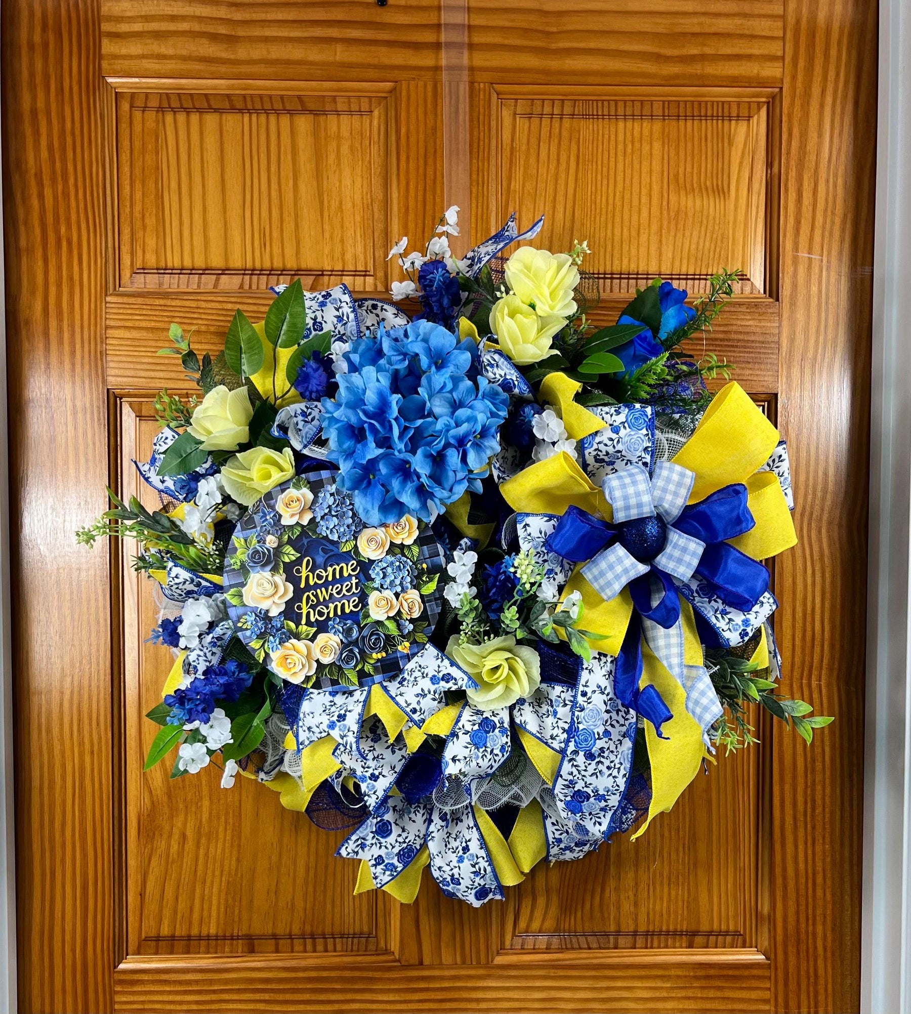 Blue & Yellow Welcome Wreath | Gingham Front Door Decor by Bouge Creations, view 4