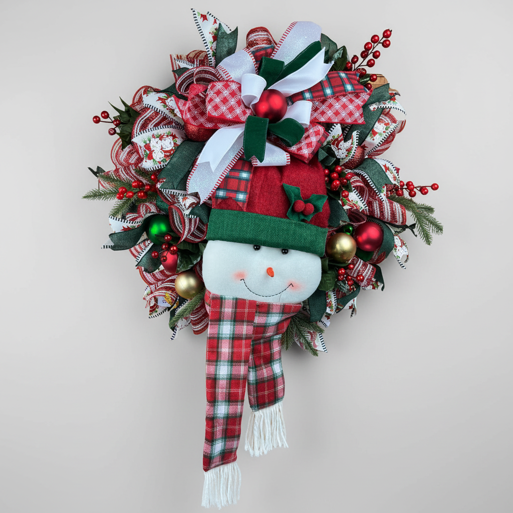 Snowman Christmas Wreath | Handmade Holiday Front Door Wreath | Traditional Red & Green Winter Door Hanger | Farmhouse