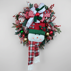 Snowman Christmas Wreath | Handmade Holiday Front Door Wreath | Traditional Red & Green Winter Door Hanger | Farmhouse
