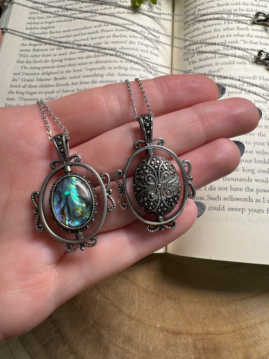 Abalone Shell Fidget Spinner Necklace Adjustable detail view by Copper Ashes