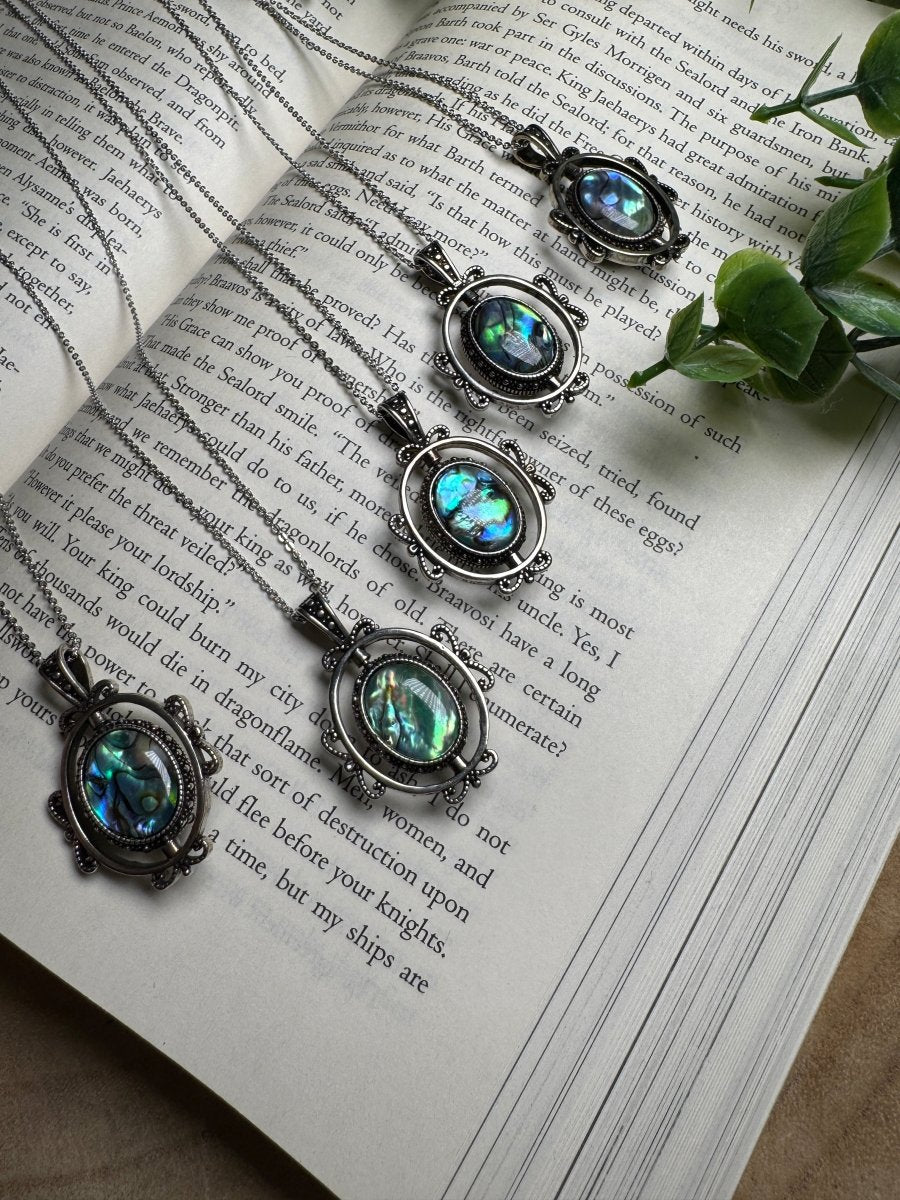 Abalone Shell Fidget Spinner Necklace Adjustable detail view by Copper Ashes