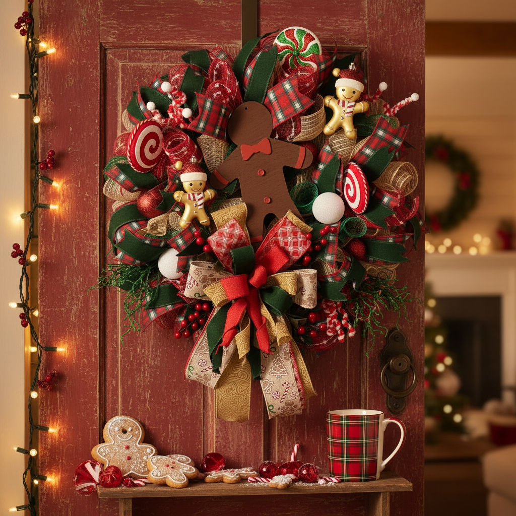 Whimsical Gingerbread Christmas Wreath handmade by Bouge Creations in Mississippi