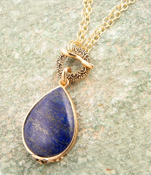 Abby Blue Lapis Golden Pendant Necklace detail view by Barse Jewelry