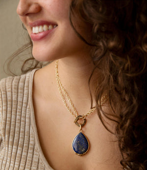 Abby Blue Lapis Golden Pendant Necklace detail view by Barse Jewelry