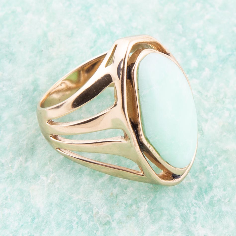 Abstract Green Chrysoprase and Golden Ring detail view by Barse Jewelry