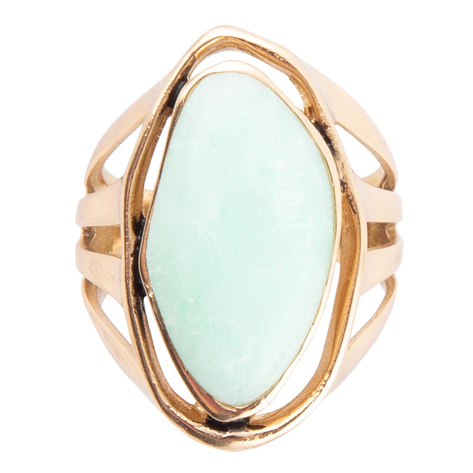 Abstract Green Chrysoprase and Golden Ring detail view by Barse Jewelry