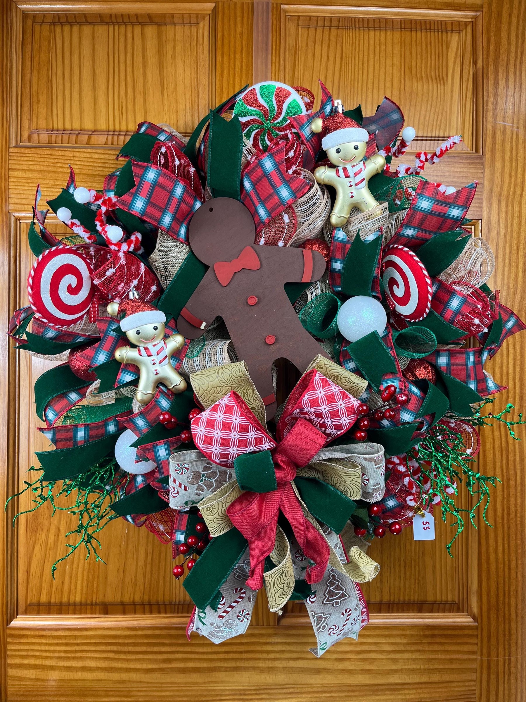 Gingerbread Christmas Wreath | Candy Cane Mesh & Plaid by Bouge Creations, view 3
