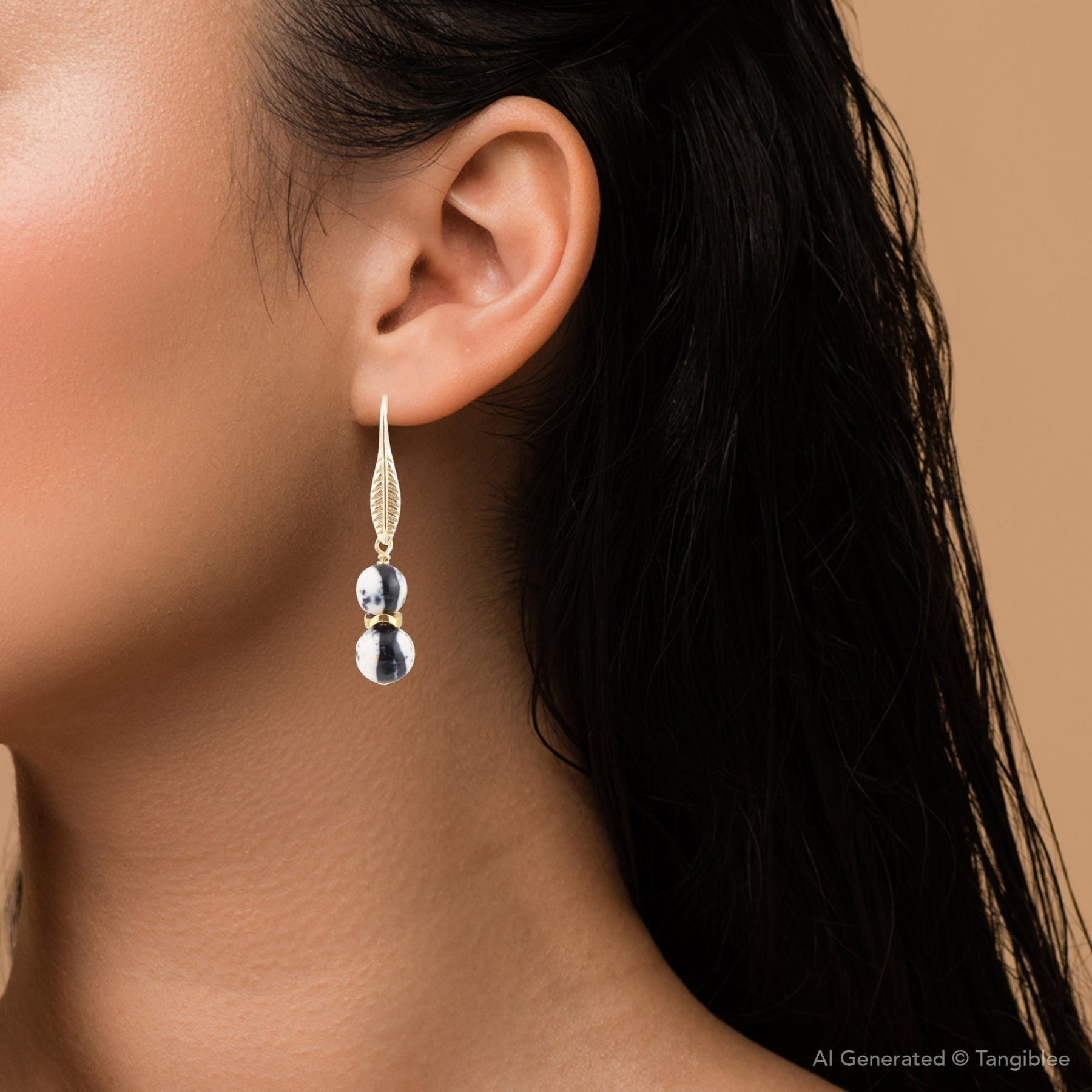 Agate Black and White Neutrals Golden Drop Earrings detail view by Barse Jewelry