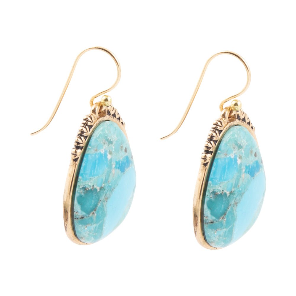 Agave Genuine Blue Turquoise and Golden Drop Earrings detail view by Barse Jewelry