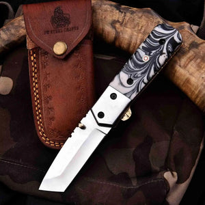 Handmade Folding Knife with Cleaver Blade and Marble Resin Handle by JW SteelCrafts, Damascus knife detail photo 2