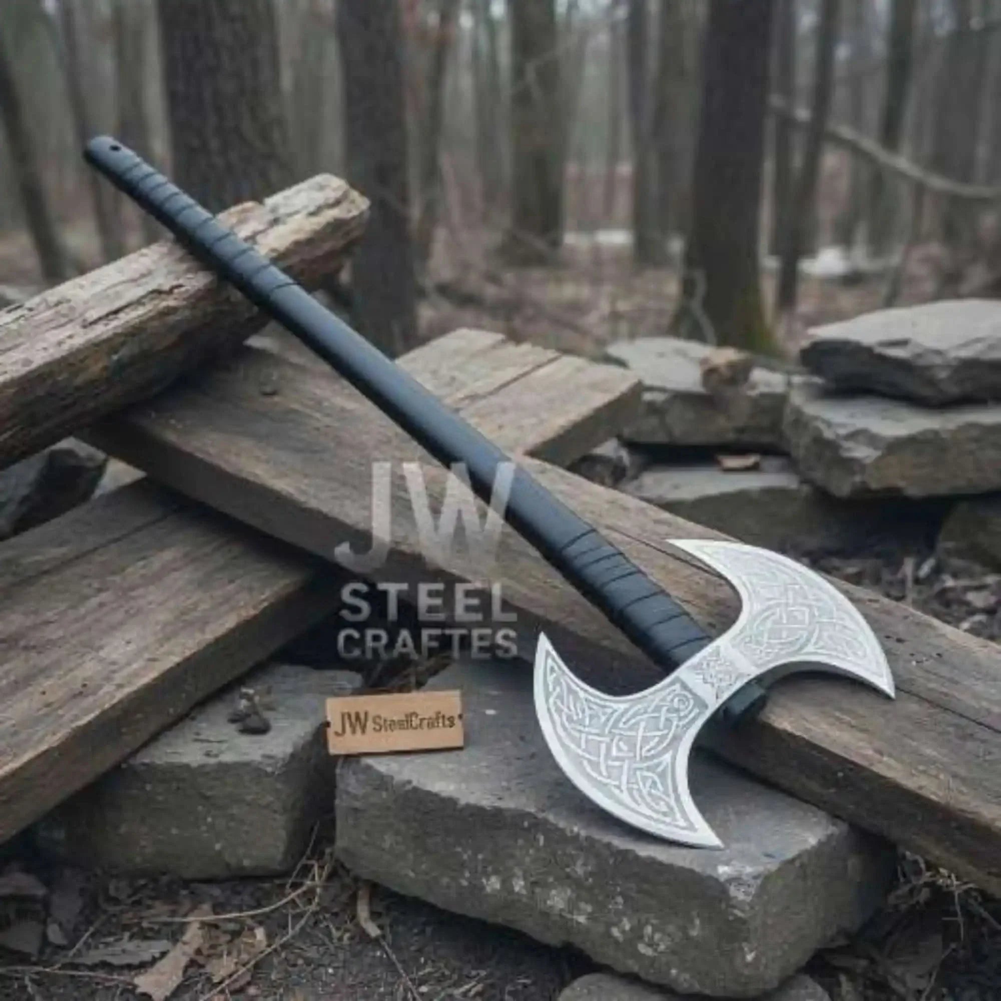 Custom Handmade Double-Headed Viking Axe with Nordic Knotwork Engravings and Cord-Wrapped Handle by JW SteelCrafts, handmade axe main product photo