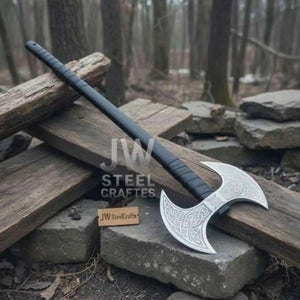 Custom Handmade Double-Headed Viking Axe with Nordic Knotwork Engravings and Cord-Wrapped Handle by JW SteelCrafts, handmade axe main product photo
