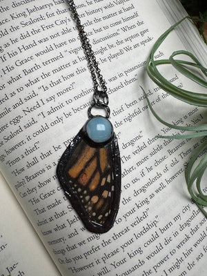 Amazonite and Butterfly Wing Necklace detail view by Copper Ashes