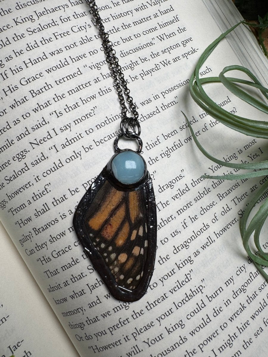 Amazonite and Butterfly Wing Necklace detail view by Copper Ashes