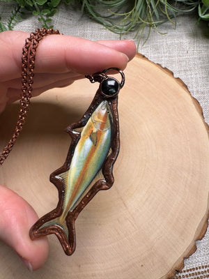 Amberjack and Obsidian Necklace detail view by Copper Ashes