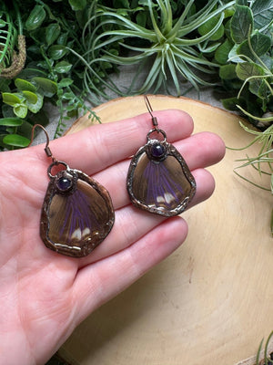 Amethyst and Butterfly Wing Earrings detail view by Copper Ashes