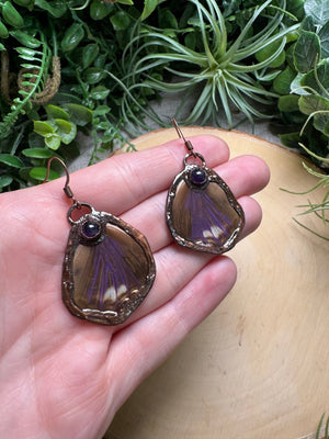 Amethyst and Butterfly Wing Earrings detail view by Copper Ashes