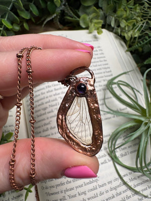 Amethyst and Cicada Wing Necklace detail view by Copper Ashes