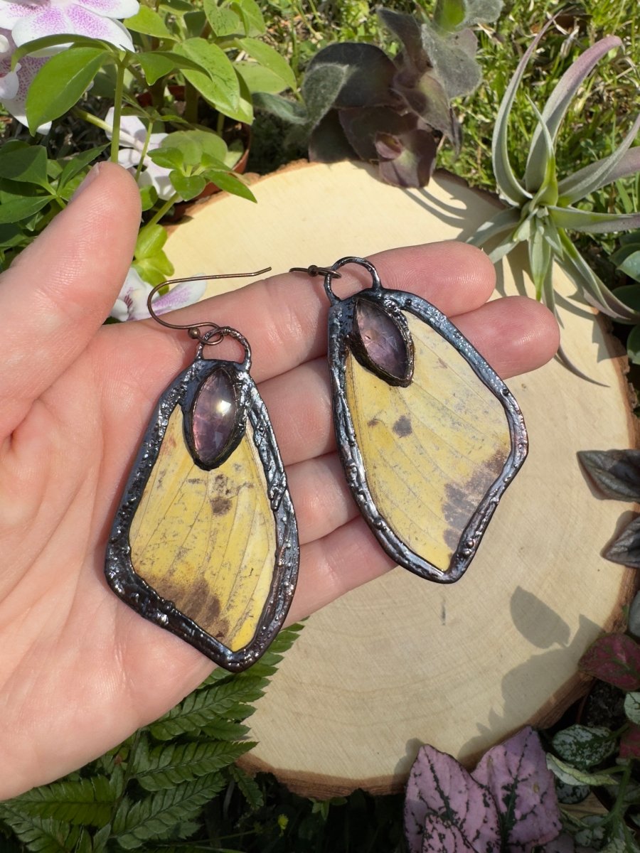 Amethyst and Imperial Moth Wing Earrings detail view by Copper Ashes