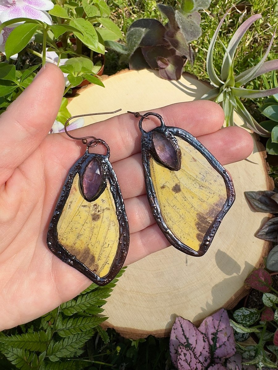 Amethyst and Imperial Moth Wing Earrings by Copper Ashes
