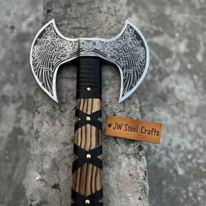 Hand Engraved Double Headed Viking Axe with Nordic Knotwork and Leather Wrapped Handle by JW SteelCrafts, handmade axe main product photo