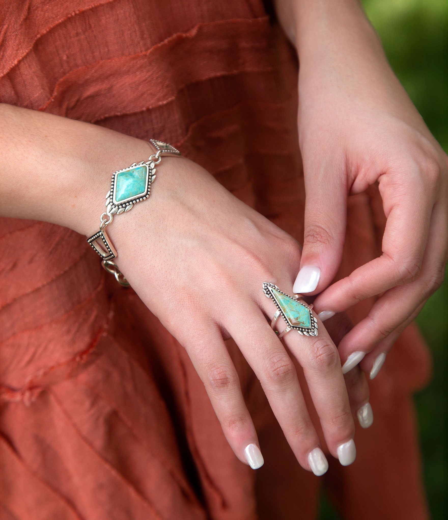 Anemone Blue Turquoise and Sterling Silver Statement Ring detail view by Barse Jewelry