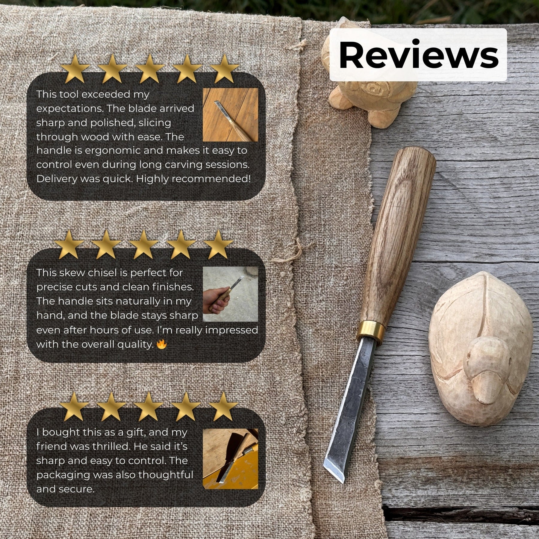Angled Bevel Carving Chisel – 10 mm (0.39 inches) detail view by Sharky Forged Steel Tools