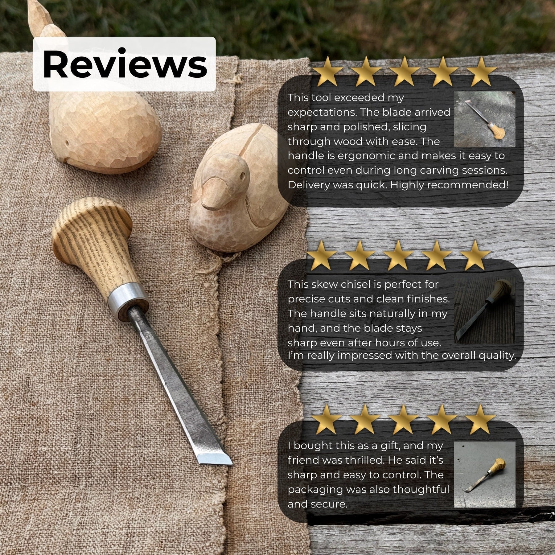 Angled Bevel Carving Chisel with Palm Handle – 10 mm (0.39 inches) detail view by Sharky Forged Steel Tools