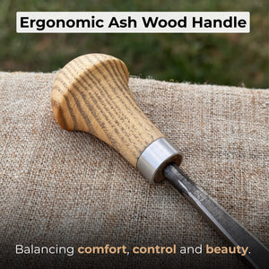 Angled Bevel Carving Chisel with Palm Handle – 10 mm (0.39 inches) detail view by Sharky Forged Steel Tools