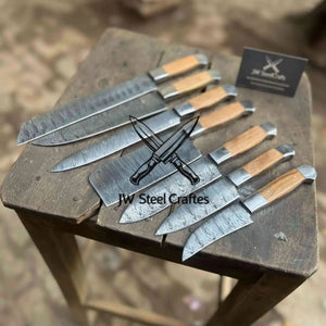 7-Piece Handmade Damascus Chef Knife Set with Wood Handles (Professional Kitchen Set) by JW SteelCrafts, Damascus knife detail photo 3