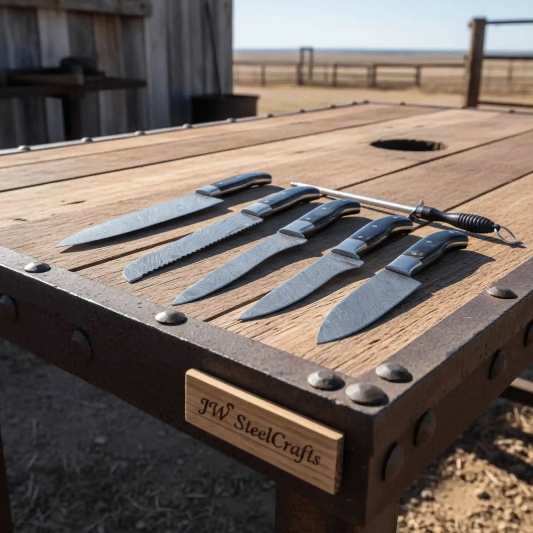 5-Piece Damascus Kitchen Knife Set — 9" Uniform Blades, Black Handles with Steel Bolsters, Leather Roll & Honing Rod by JW SteelCrafts, Damascus knife detail photo 4