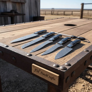 5-Piece Damascus Kitchen Knife Set — 9" Uniform Blades, Black Handles with Steel Bolsters, Leather Roll & Honing Rod by JW SteelCrafts, Damascus knife detail photo 4
