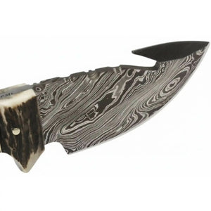 Damascus Steel Skinner Knife w/ Stag Handle and Gut Hook /Hunting Fixed Blade Knife by JW SteelCrafts, Damascus knife detail photo 2