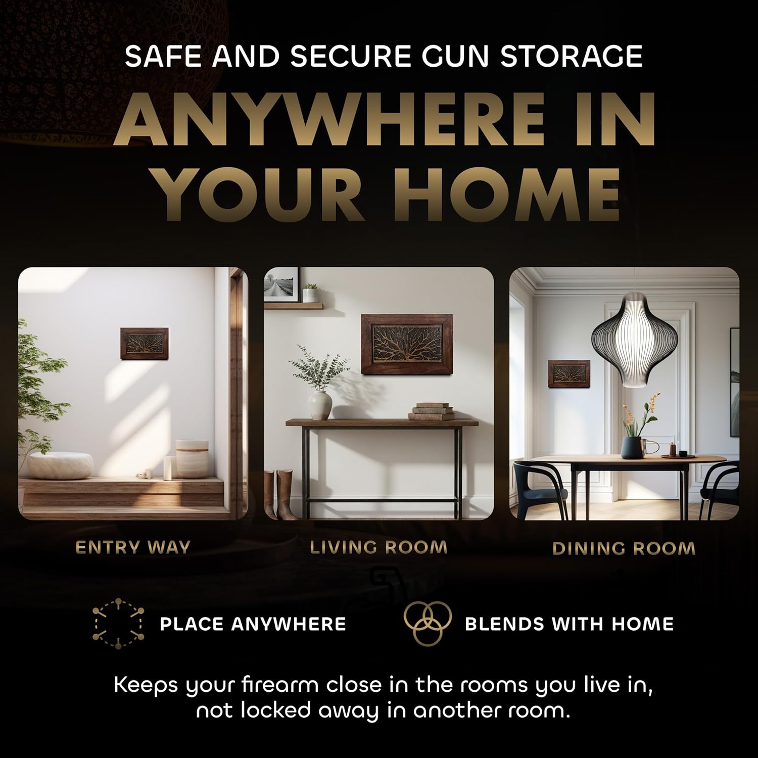 Gun Concealment Furniture - Hidden Gun Safe with Birds in a Tree Design - Fits 2 Handguns & Magazines - Wall Mounted Gun Storage with Magnetic Lock - by Bellewood Designs