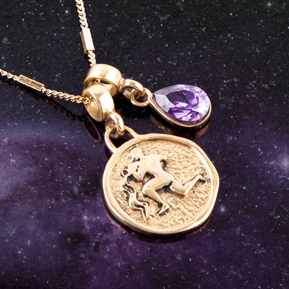 Aquarius - Zodiac Purple Amethyst Golden Charm Necklace detail view by Barse Jewelry
