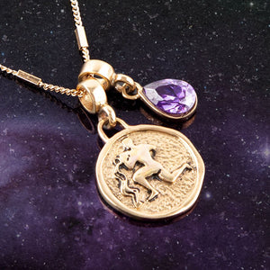 Aquarius - Zodiac Purple Amethyst Golden Charm Necklace detail view by Barse Jewelry