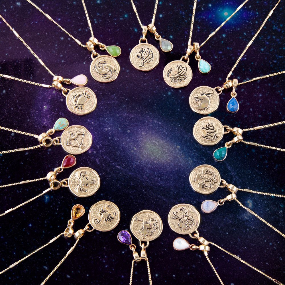 Aquarius - Zodiac Purple Amethyst Golden Charm Necklace detail view by Barse Jewelry