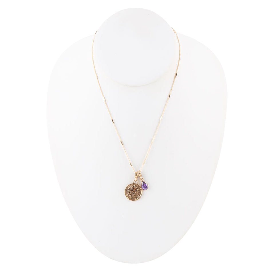 Aquarius - Zodiac Purple Amethyst Golden Charm Necklace detail view by Barse Jewelry
