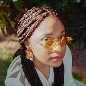Additional view of 70s Burnt Orange Floral Arch Earrings hand painted on lightweight wood by LE CHIC MIAMI
