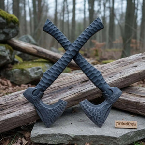 Forged Tool Axe Duo – Textured Steel Heads with Sculpted Hardwood Handles and Leather Sheaths by JW SteelCrafts, leather knife sheath main product photo