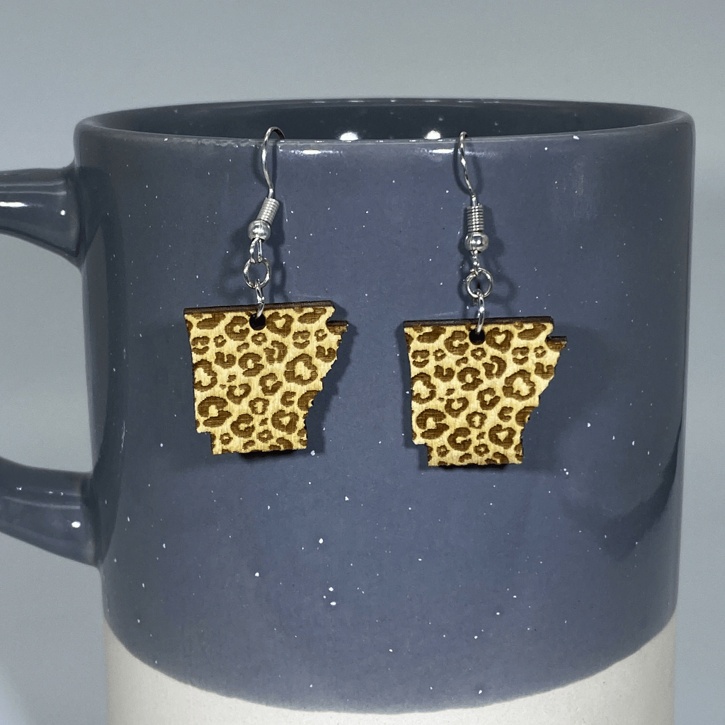 Arkansas Leopard Wooden Dangle Earrings | State Pride Jewelry detail view by Cate's Concepts, LLC