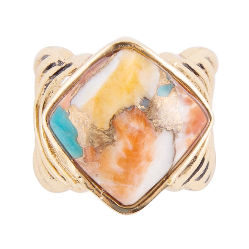 Arrows Blue Turquoise and Orange Spiny Oyster Matrix Golden Ring detail view by Barse Jewelry